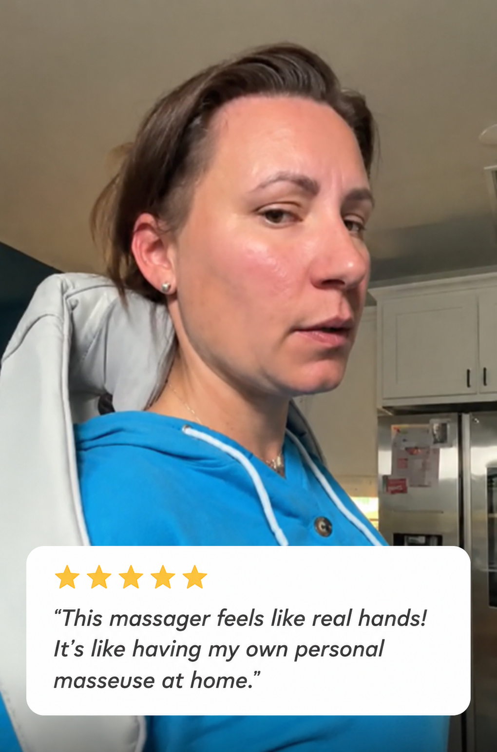 Woman sharing a five-star review of the NeckWave Pro