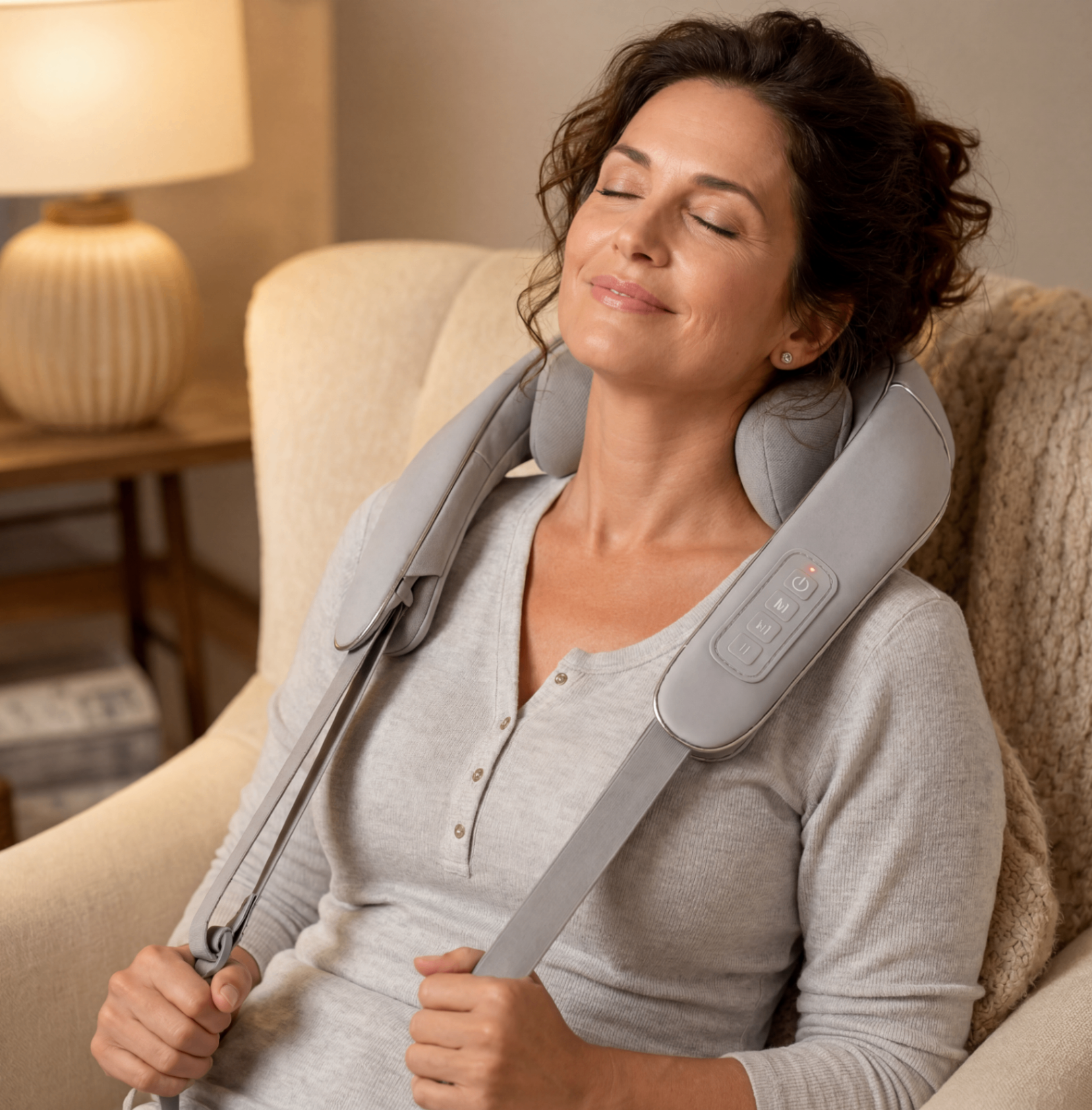 Same mature woman looking relaxed and vibrant while wearing the ZYMORIA NeckWave Pro neck massager in a cozy armchair
