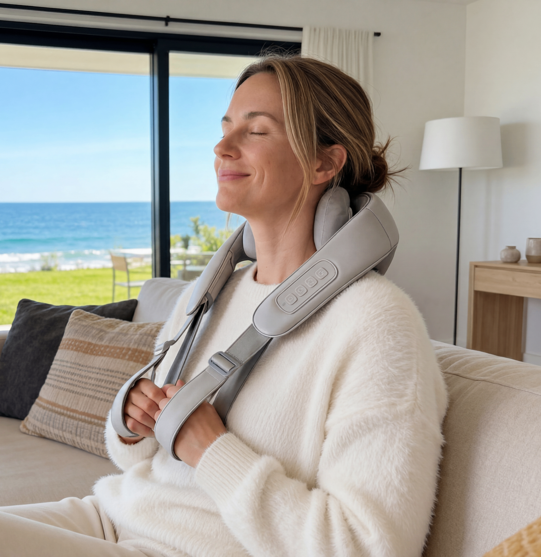 Woman relaxing on a sofa with the NeckWave Pro massager