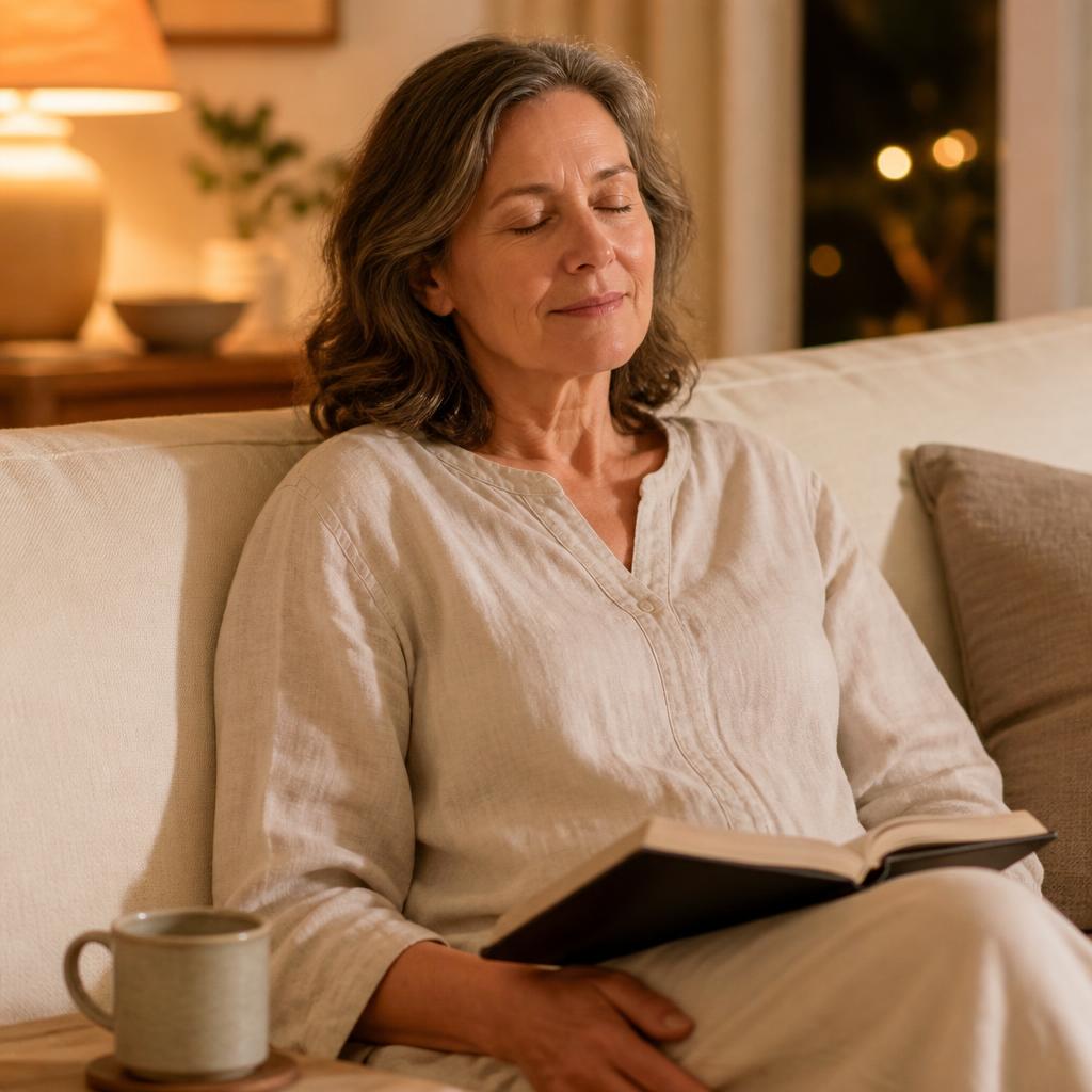 Mature woman with relaxed shoulders enjoying a peaceful evening moment