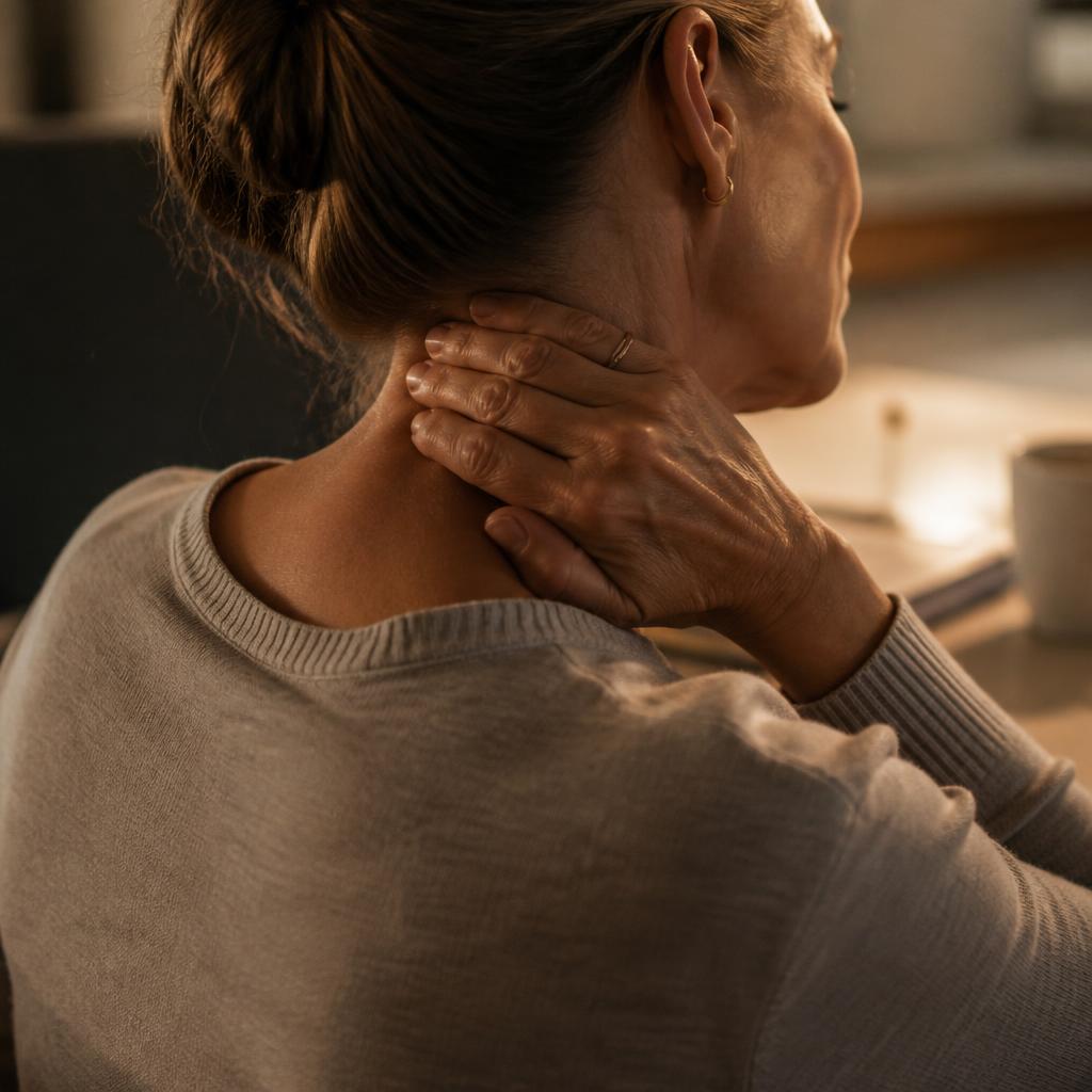 Close up of a woman's tense neck and raised shoulders in the evening