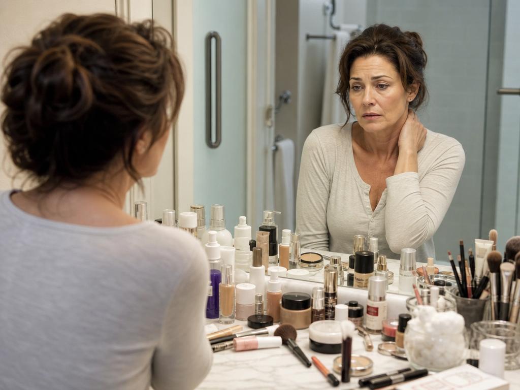 Same mature woman looking stressed and tired at a cluttered vanity table covered with beauty products, rubbing her tense neck