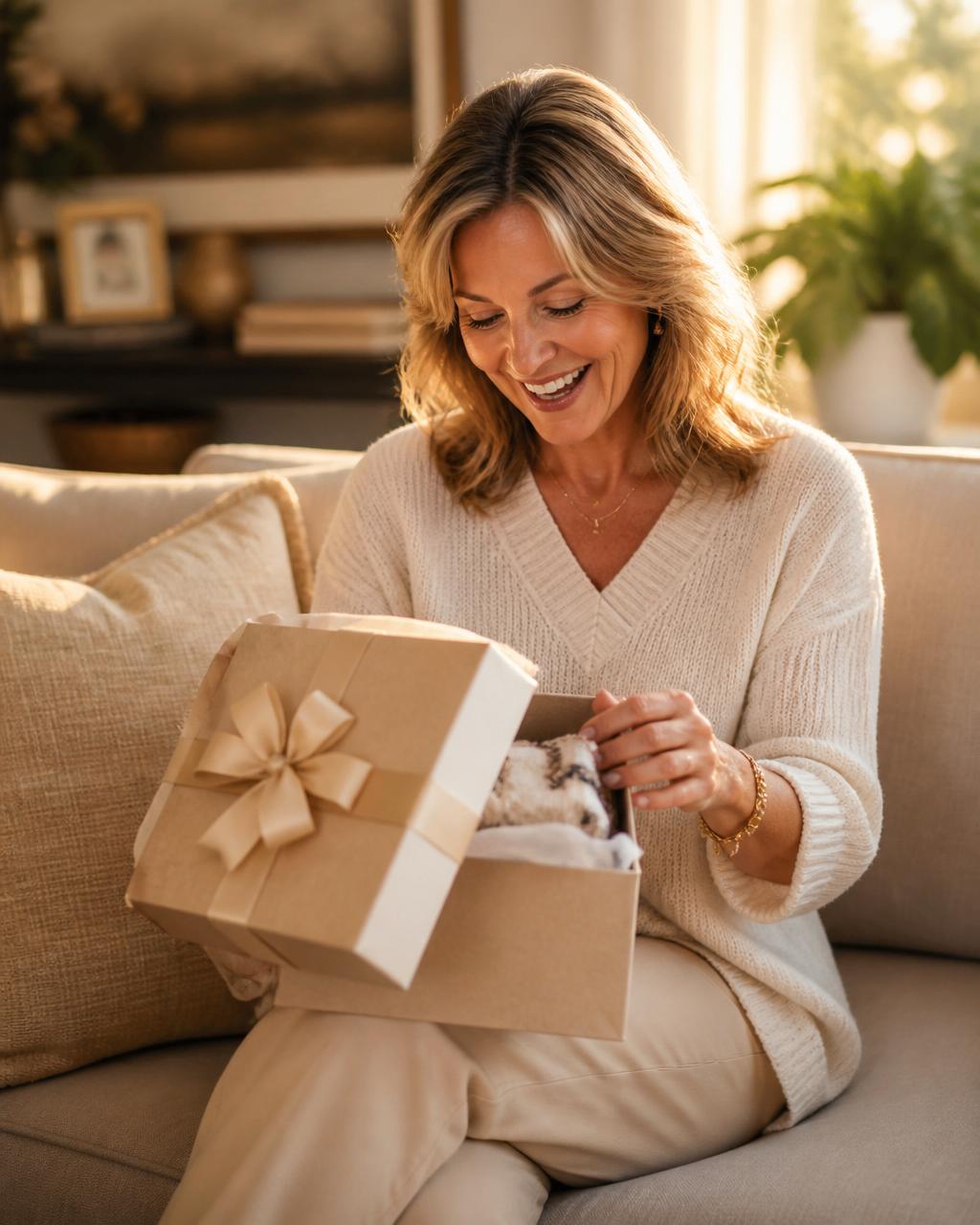 Happy mature woman opening a thoughtful gift in a cozy living room