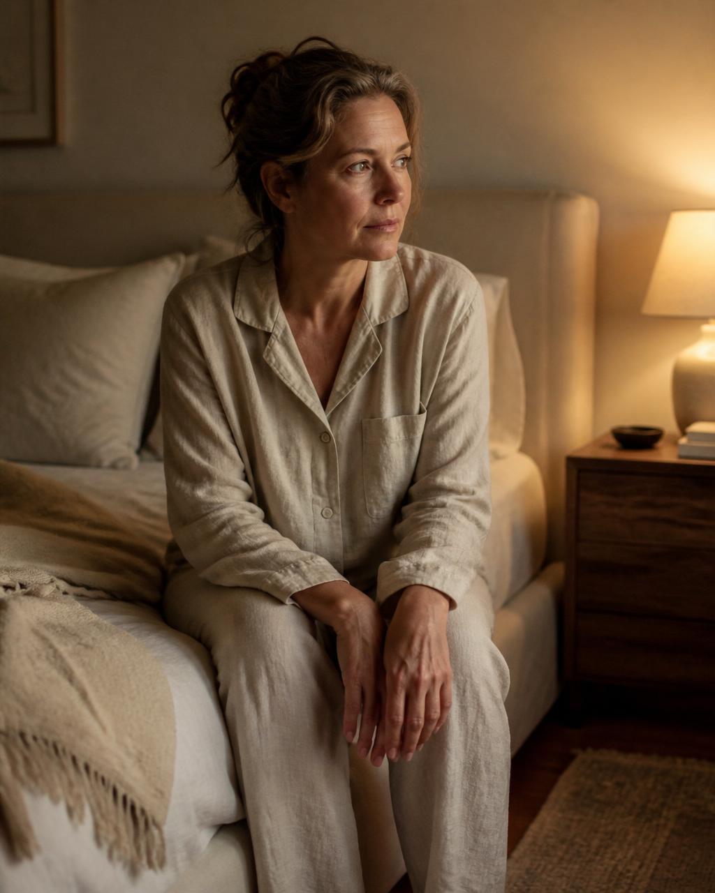 Woman sitting on the edge of her bed at night