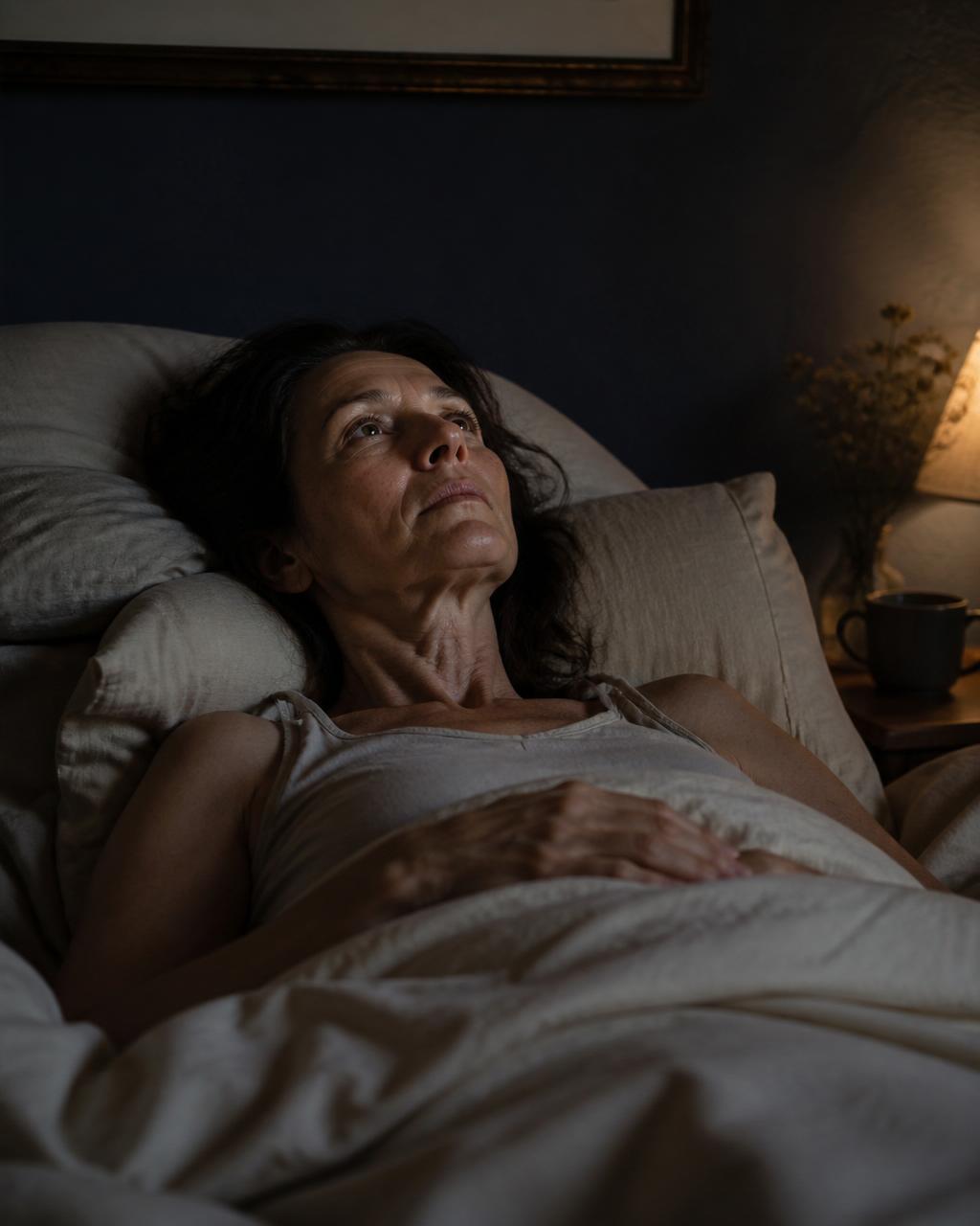 Woman in her 50s awake in bed in the middle of the night