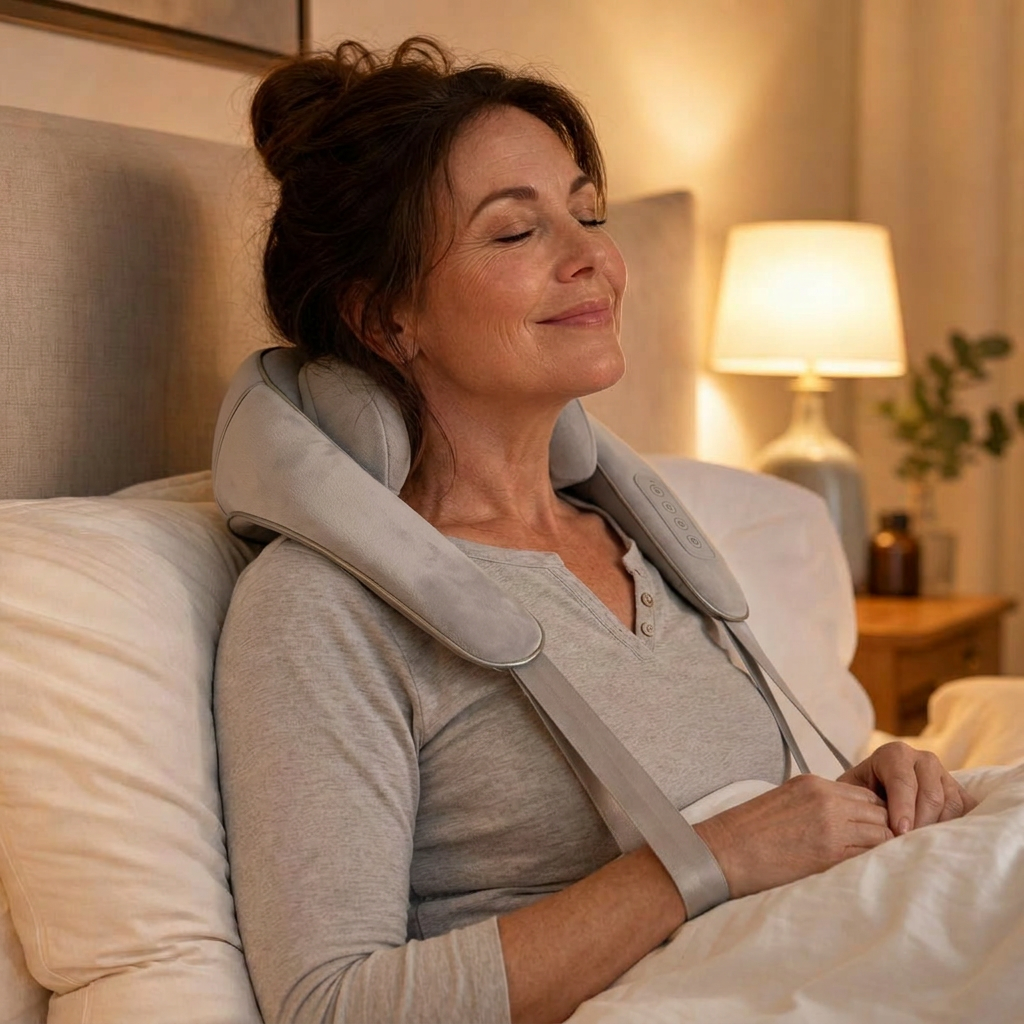 Woman relaxing in bed with the ZYMORIA NeckWave Pro