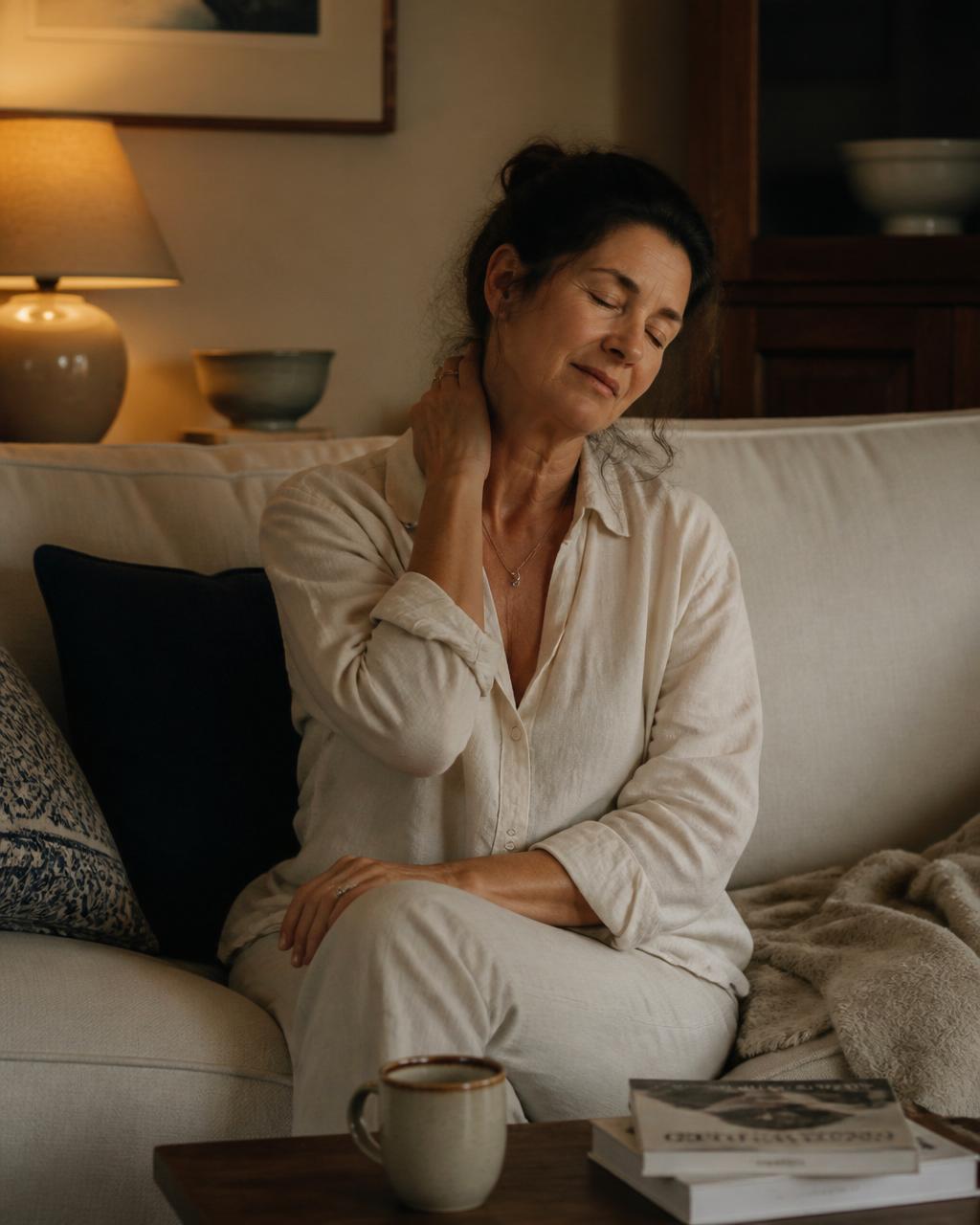 Woman on couch in the evening still carrying neck and shoulder tension